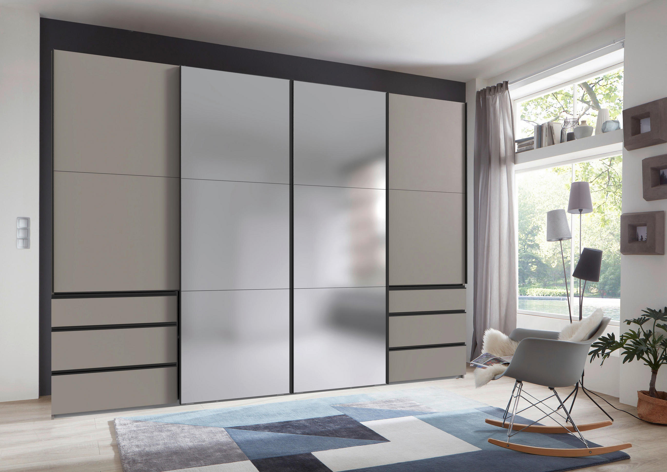 SCHWEBETÜRENSCHRANK 300/216/65 cm 4-türig Sahara  - Schwarz/Sahara, MODERN, Glas/Holzwerkstoff (300/216/65cm) - MID.YOU
