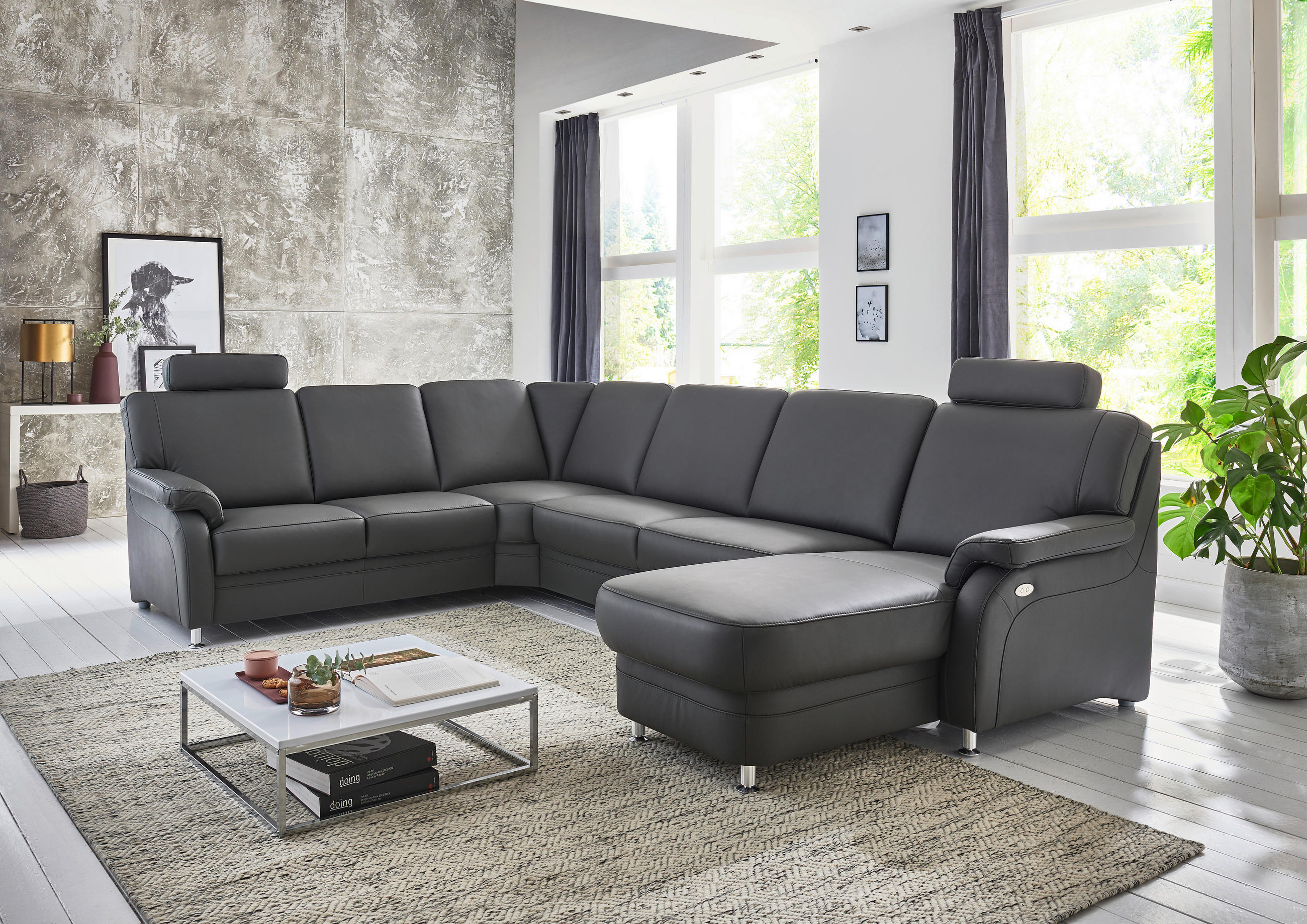 WOHNLANDSCHAFT Anthrazit Echtleder  - Anthrazit/Alufarben, KONVENTIONELL, Leder/Metall (239/329/165cm) - Beldomo Premium