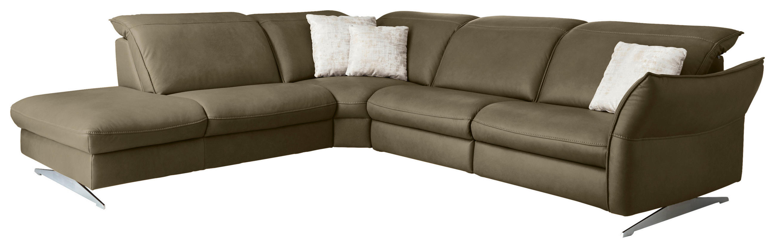 ECKSOFA inkl. Funktionen Mokka Echtleder  - Edelstahlfarben/Mokka, Design, Leder/Metall (258/292cm) - Hukla