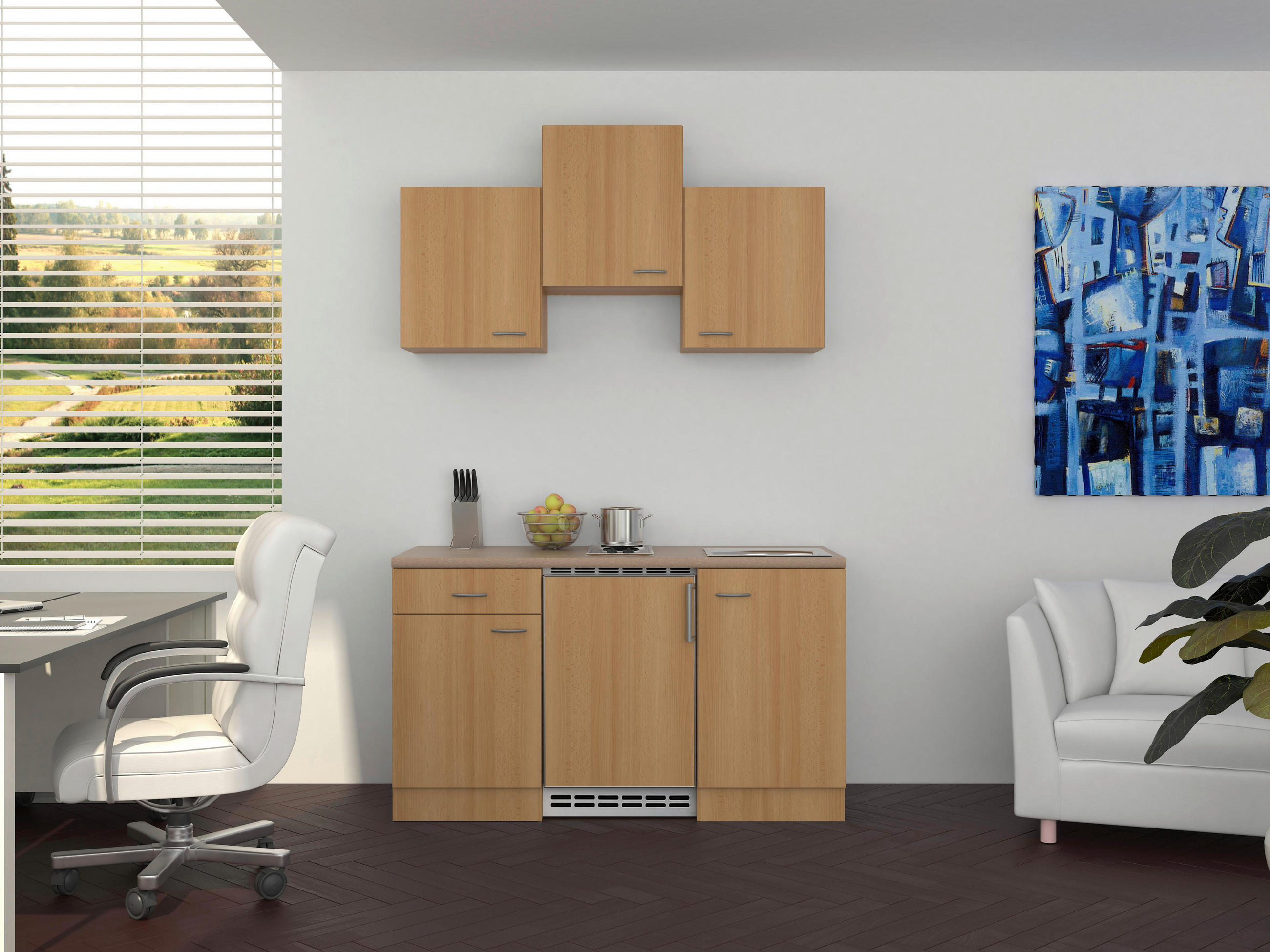 MINIKÜCHE 150 cm in Creme, Buchefarben, Edelstahlfarben - Edelstahlfarben/Buchefarben, MODERN (150cm) - MID.YOU