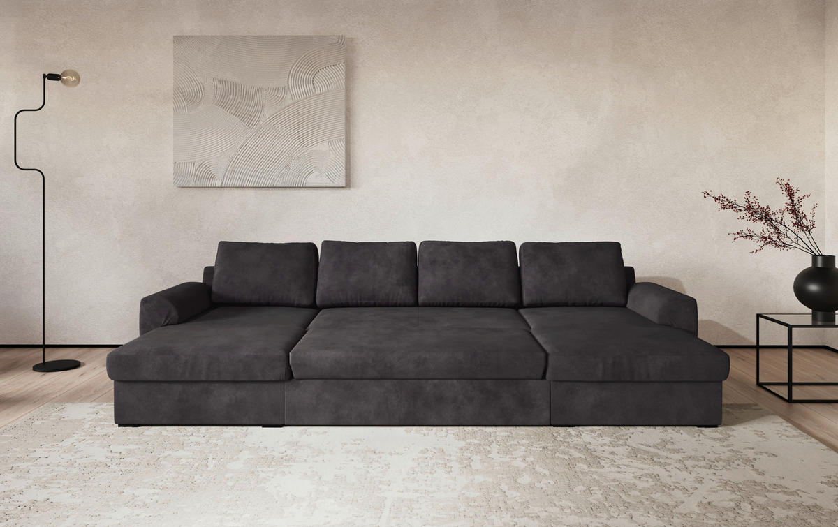WOHNLANDSCHAFT Schwarz Mikrofaser  - Schwarz, Trend, Kunststoff/Textil (154/327/86cm) - MID.YOU