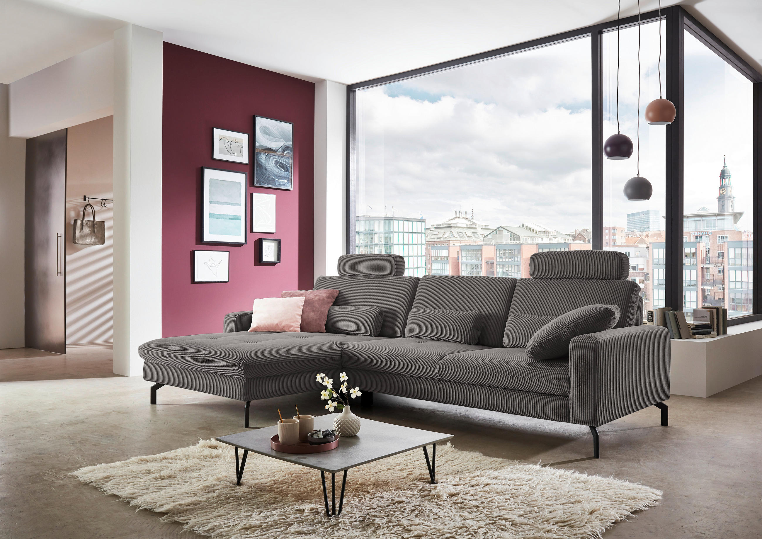 ECKSOFA Anthrazit Cord  - Anthrazit/Schwarz, Design, Textil/Metall (178/302cm) - Carryhome