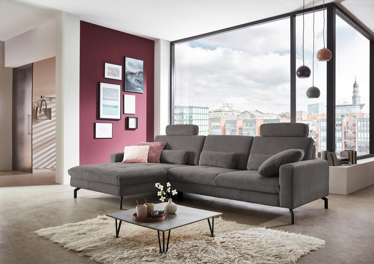 ECKSOFA in Cord Anthrazit  - Anthrazit/Schwarz, Design, Textil/Metall (178/302cm) - Beldomo Style