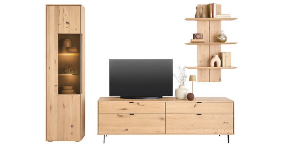 WOHNWAND  in Eichefarben  267/205/50 cm  - Eichefarben/Schwarz, Natur, Glas/Holz (267/205/50cm) - Cantus