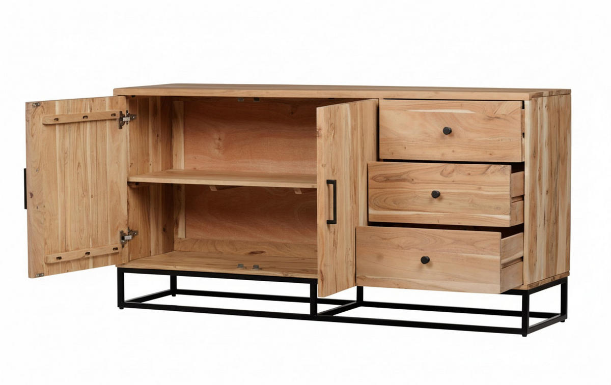 SIDEBOARD  160/80/42 cm 3 Schublade(n)  - Schwarz/Naturfarben, Design, Holz/Metall (160/80/42cm) - Livetastic