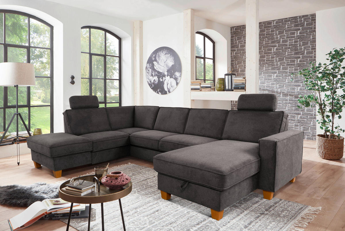 WOHNLANDSCHAFT in Flachgewebe Dunkelgrau  - Eichefarben/Dunkelgrau, Konventionell, Holz/Textil (213/309/161cm) - Sit & More
