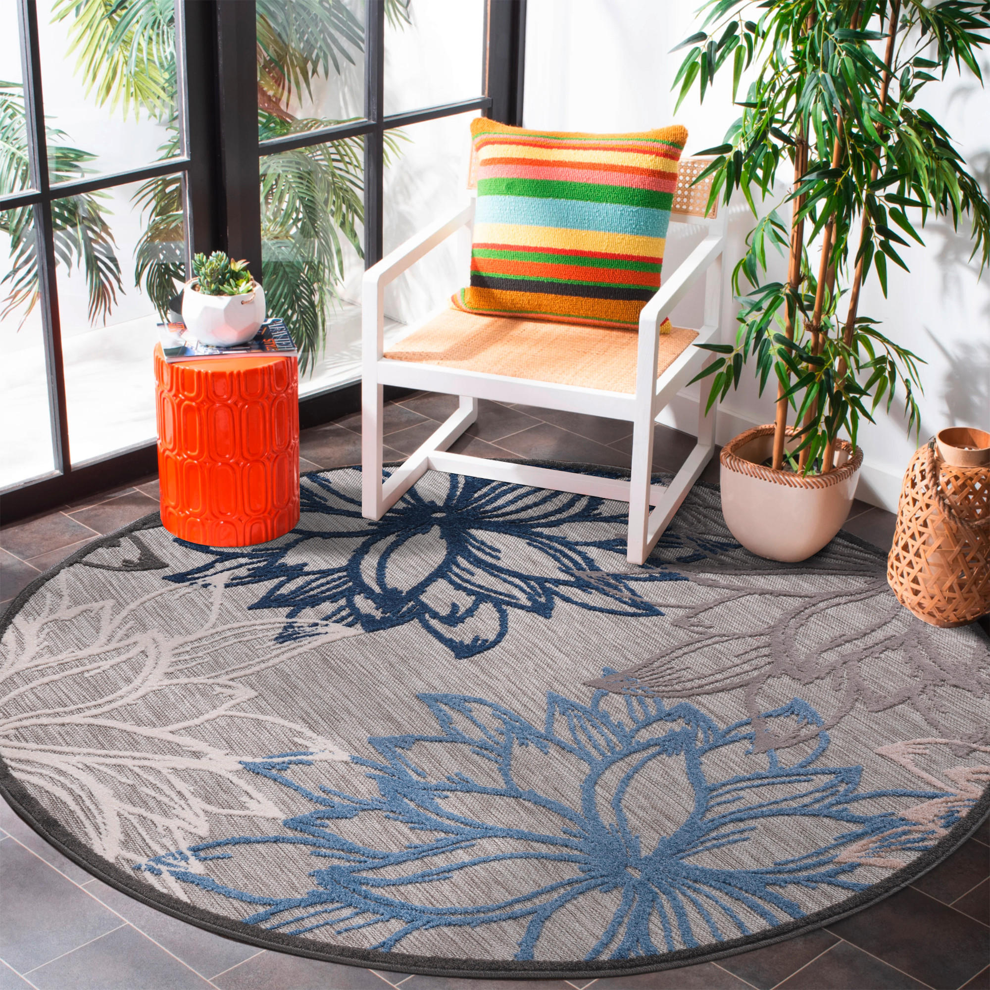 PREPROGA ZA ZUNANJO UPORABO Floral 150 cm tkano modra, siva, bela - modra/siva, Trendi, umetna masa/tekstil (150cm)