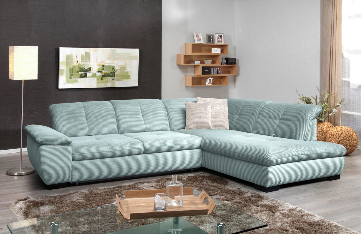 ECKSOFA in Cord Pastellblau  - Pastellblau/Schwarz, Design, Textil/Metall (313/242cm) - Xora