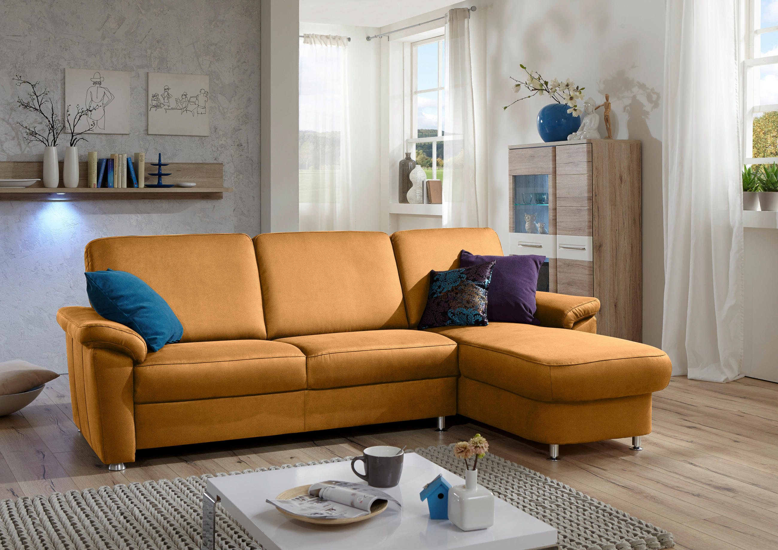 ECKSOFA in Flachgewebe Currygelb  250/163 cm  - Chromfarben/Currygelb, KONVENTIONELL, Textil/Metall (250/163cm) - Beldomo System