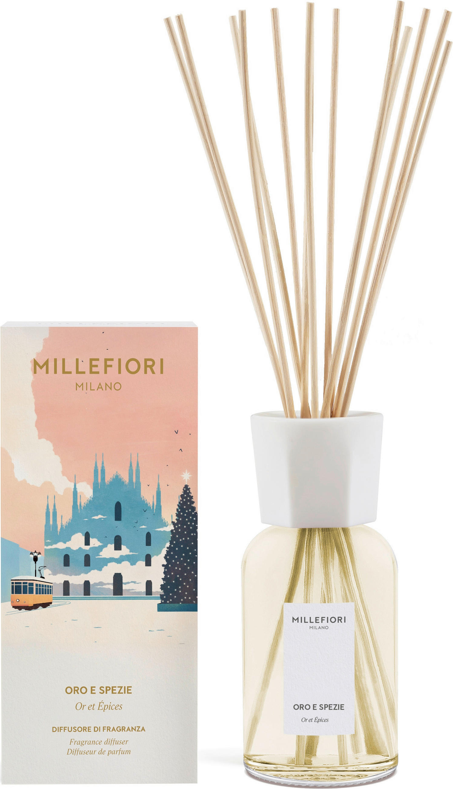 DIFFÚZOR  virágos  - áttetsző/fehér, Basics, üveg/fa (8.8/18.7/8.8cm) - Millefiori Milano