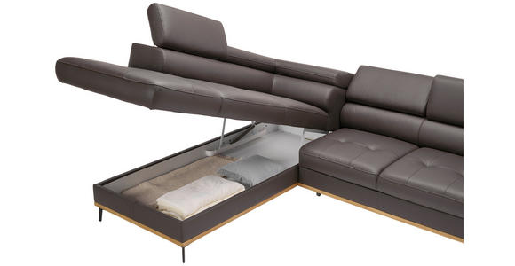 ECKSOFA in Echtleder Dunkelbraun  - Dunkelbraun/Schwarz, Design, Leder/Holz (220/252cm) - Novel