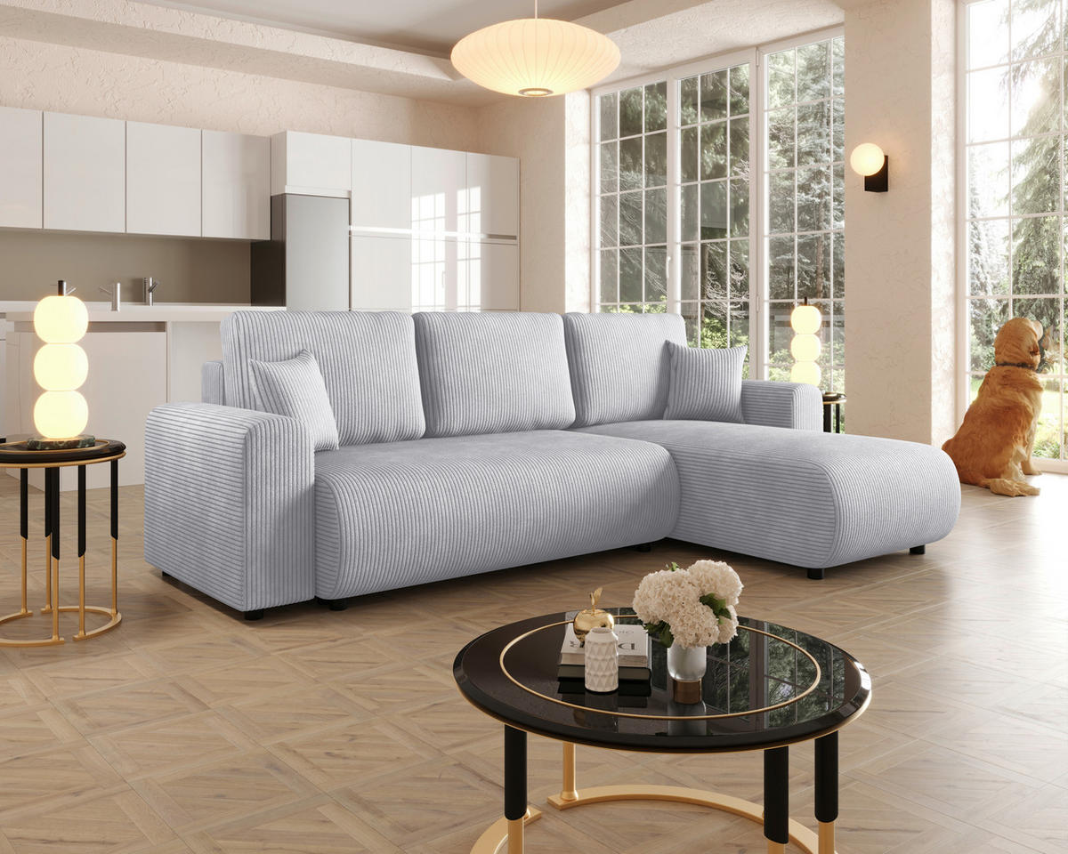 ECKSOFA Hellgrau Cord Zierkissen, Rückenkissen, Schlaffunktion, Rücken echt, Stauraum, Liegefläche im Originalstoff  - Hellgrau/Schwarz, KONVENTIONELL, Kunststoff/Textil (246/152cm) - Xora