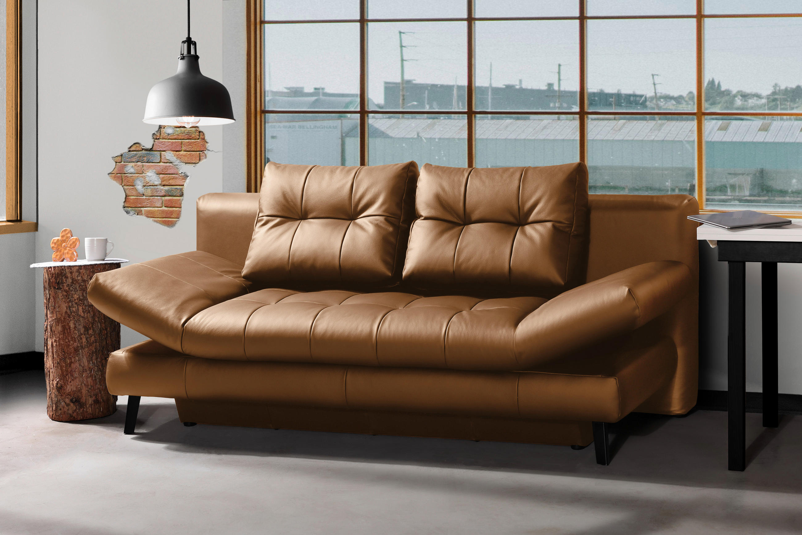 SCHLAFSOFA Cognac Echtleder  - Cognac/Schwarz, Design, Leder/Metall (209/94/94cm) - Novel