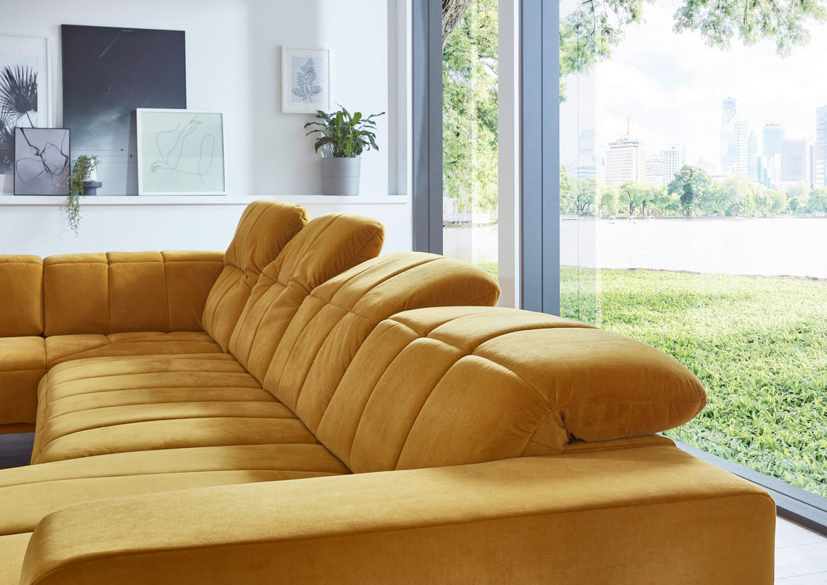 WOHNLANDSCHAFT in Velours Currygelb  - Currygelb/Schwarz, Design, Textil/Metall (219/383/195cm) - Beldomo Style