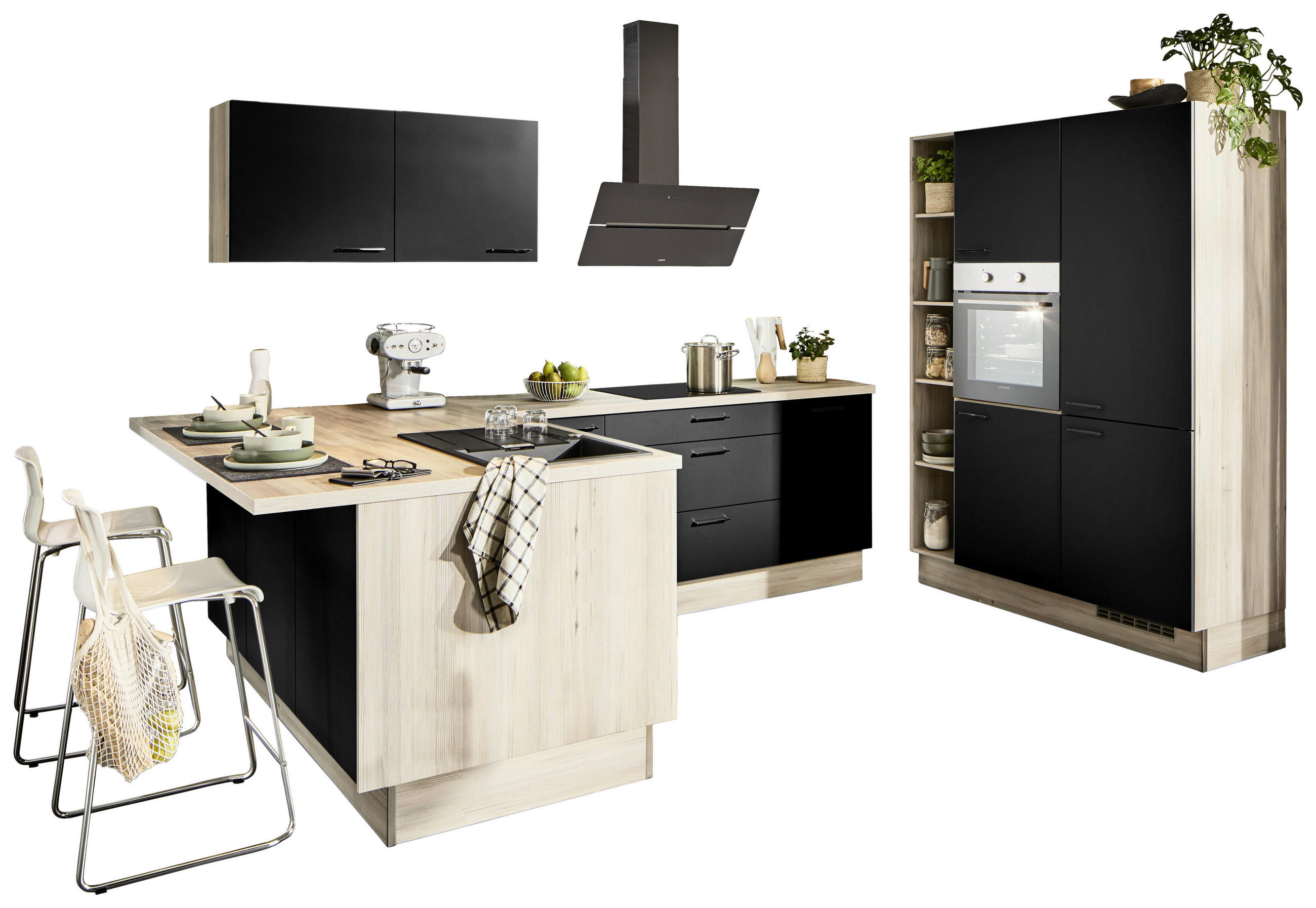ECKKÜCHE  in Schwarz, Tannenholzfarben  - Tannenholzfarben/Schwarz, Design, Holzwerkstoff/Metall (121,6/280/150cm) - Xora