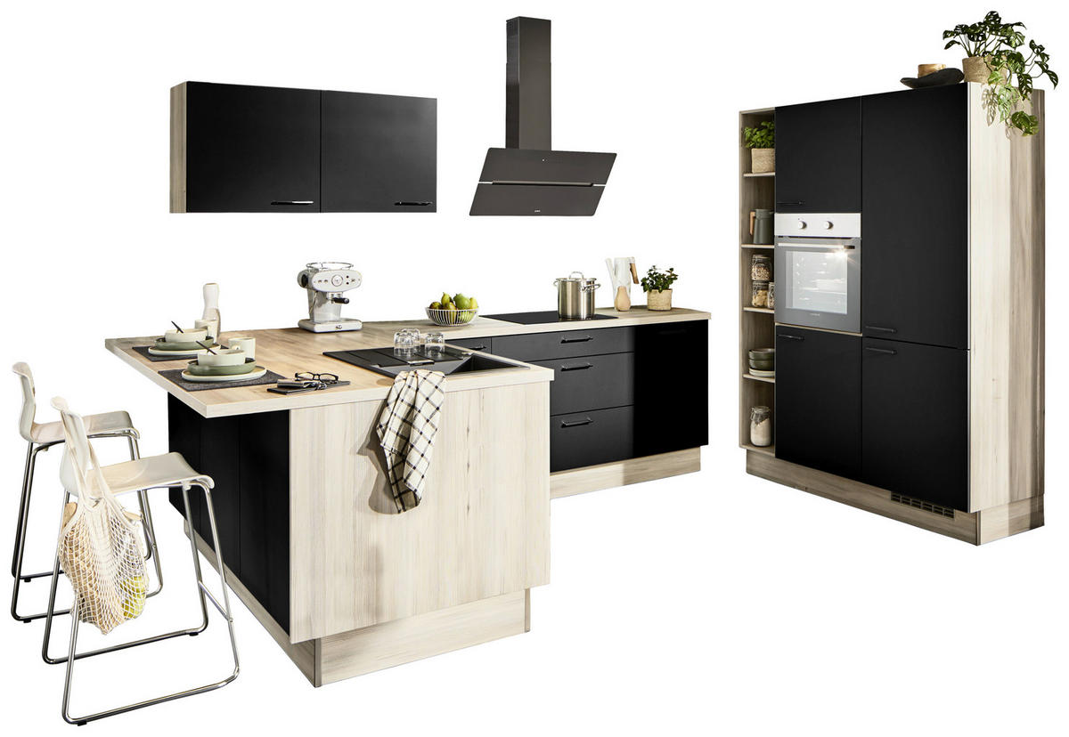 ECKKÜCHE  in Schwarz, Tannenholzfarben  - Tannenholzfarben/Schwarz, Design, Holzwerkstoff/Metall (121,6/280/150cm) - Xora