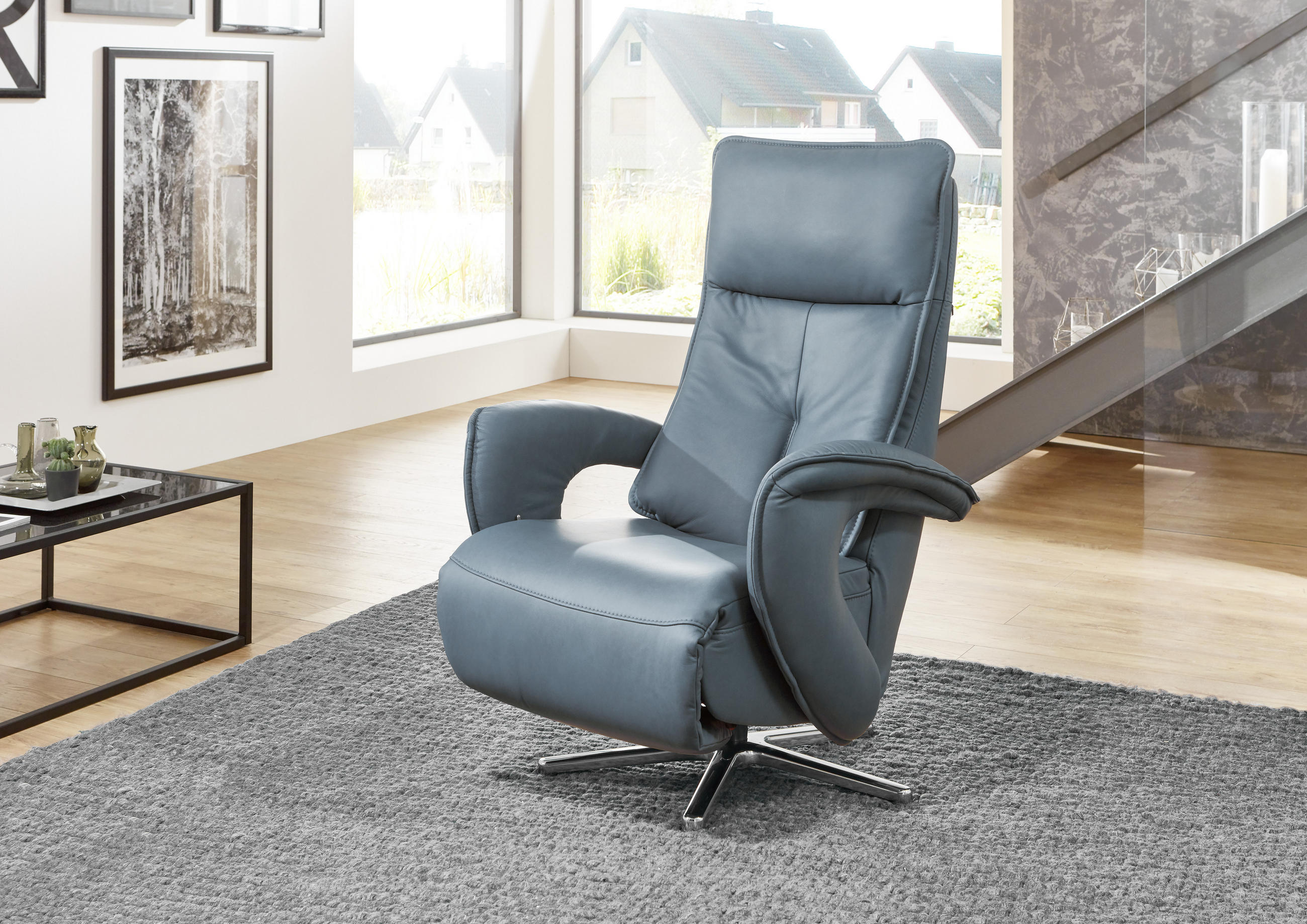 RELAXSESSEL Echtleder Relaxfunktion, Fußteilverstellung    - Chromfarben/Hellblau, Design, Leder/Metall (77/108/87cm) - Valdera