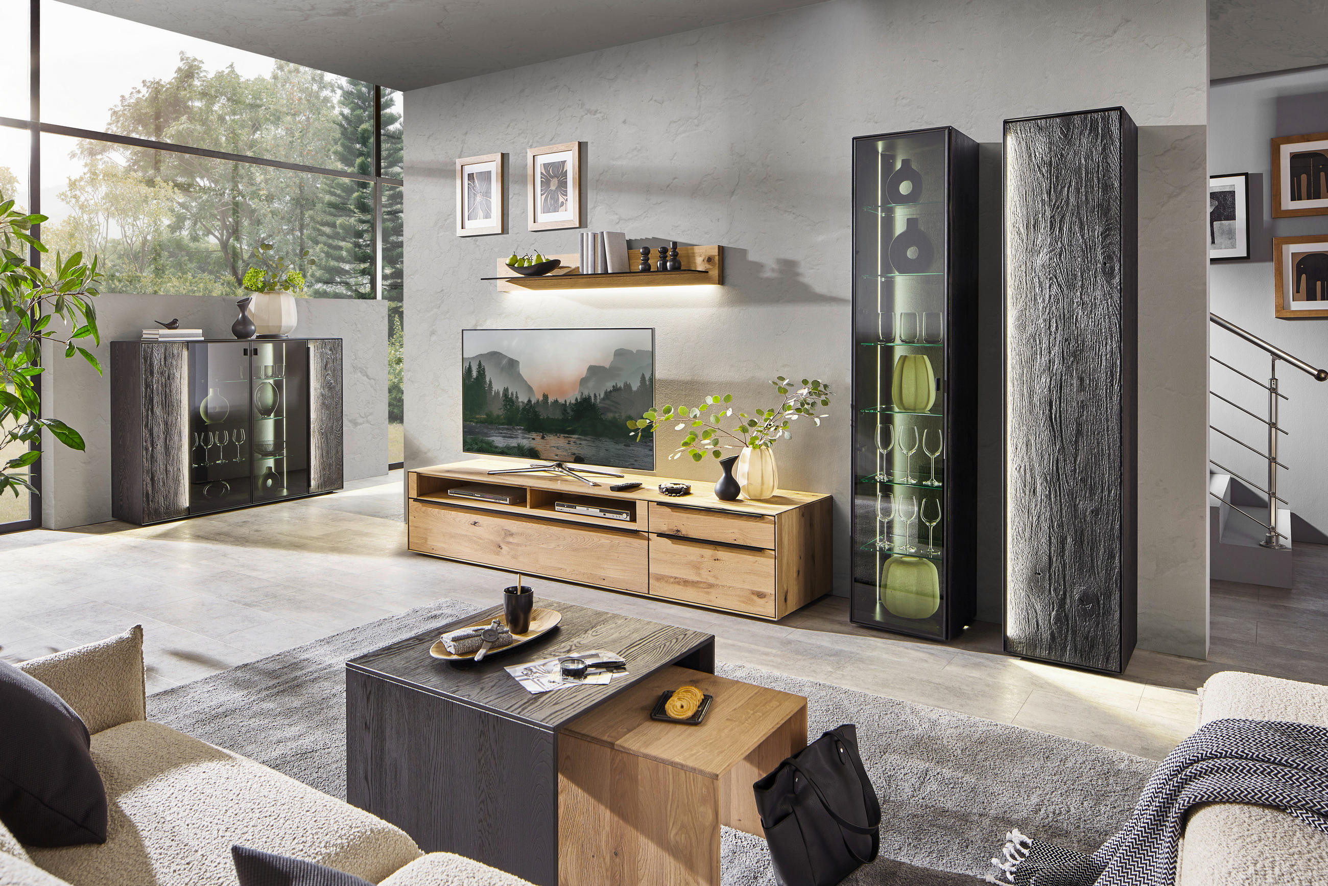 WOHNWAND  in Eichefarben, Schwarz  326/205,5/53,7 cm  - Eichefarben/Anthrazit, Natur, Glas/Holz (326/205,5/53,7cm) - Valnatura