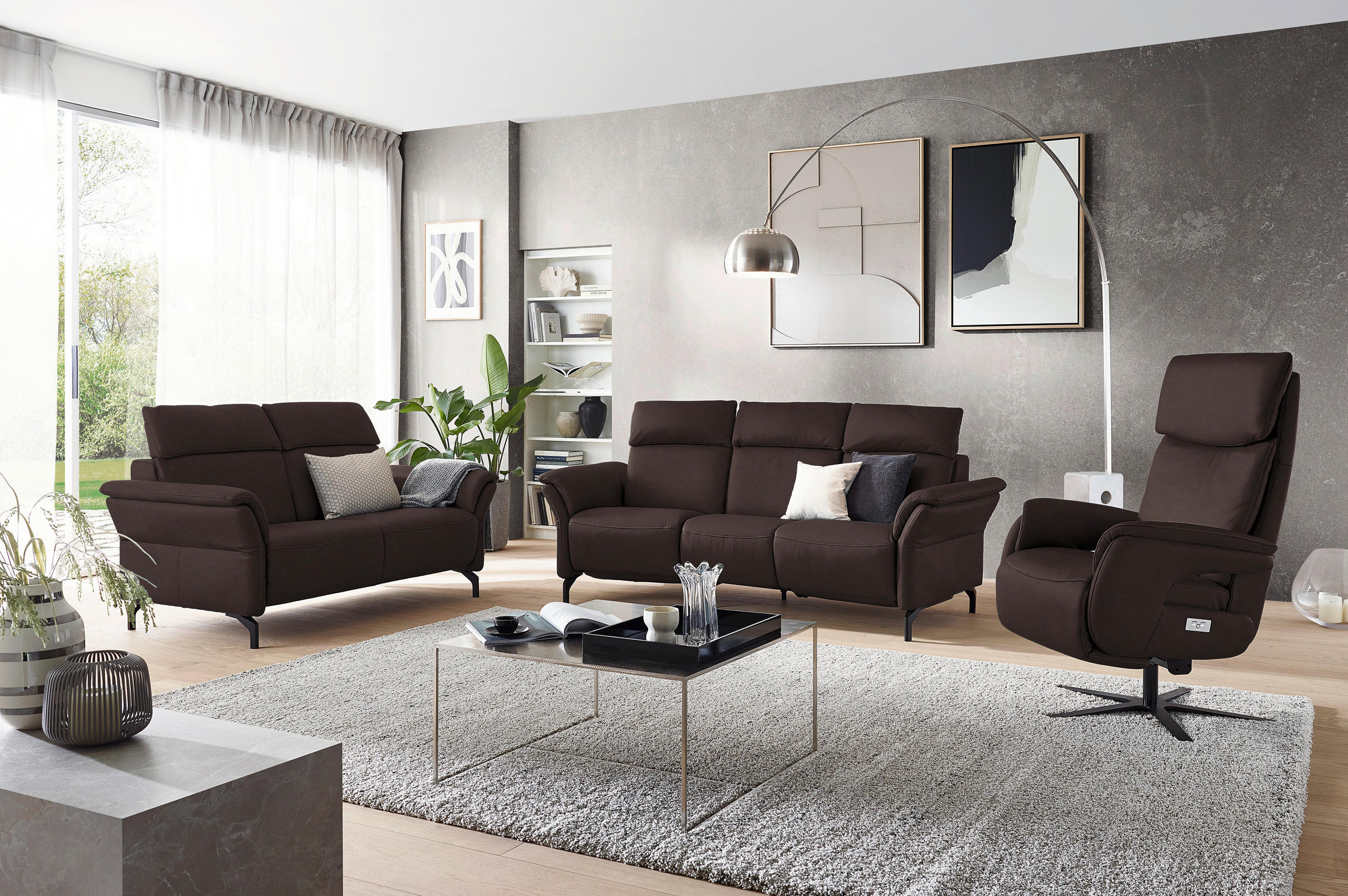 TRAPEZSOFA Echtleder Dunkelbraun  - Dunkelbraun/Schwarz, KONVENTIONELL, Leder/Metall (221/103/95cm) - Dieter Knoll