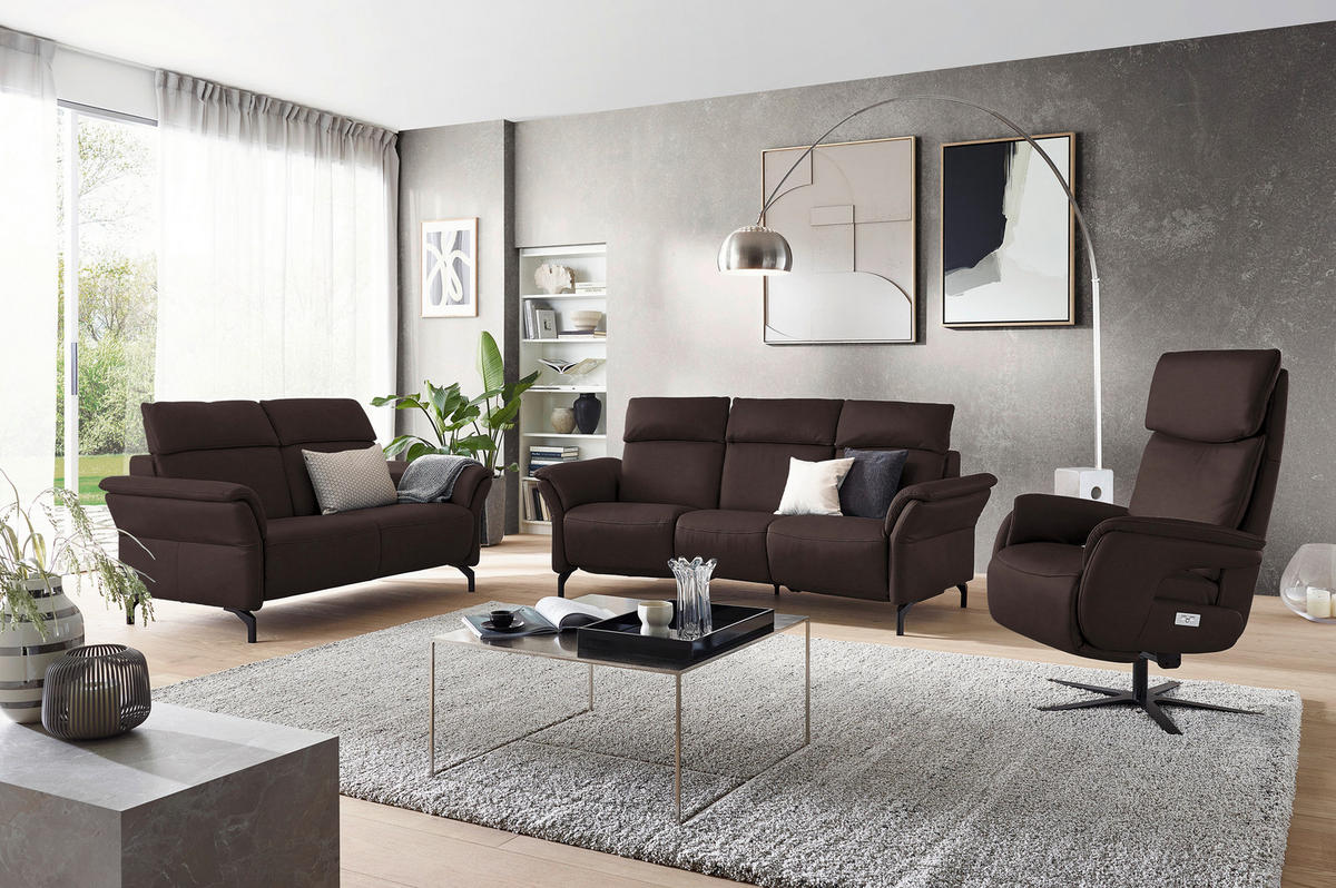 TRAPEZSOFA Echtleder Dunkelbraun  - Dunkelbraun/Schwarz, KONVENTIONELL, Leder/Metall (221/103/95cm) - Dieter Knoll