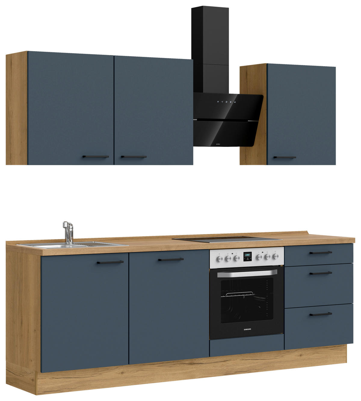KÜCHENBLOCK Easytouch 240 cm  in Eichefarben, Dunkelblau  - Eichefarben/Schwarz, MODERN, Holzwerkstoff/Metall (240cm) - Nobilia