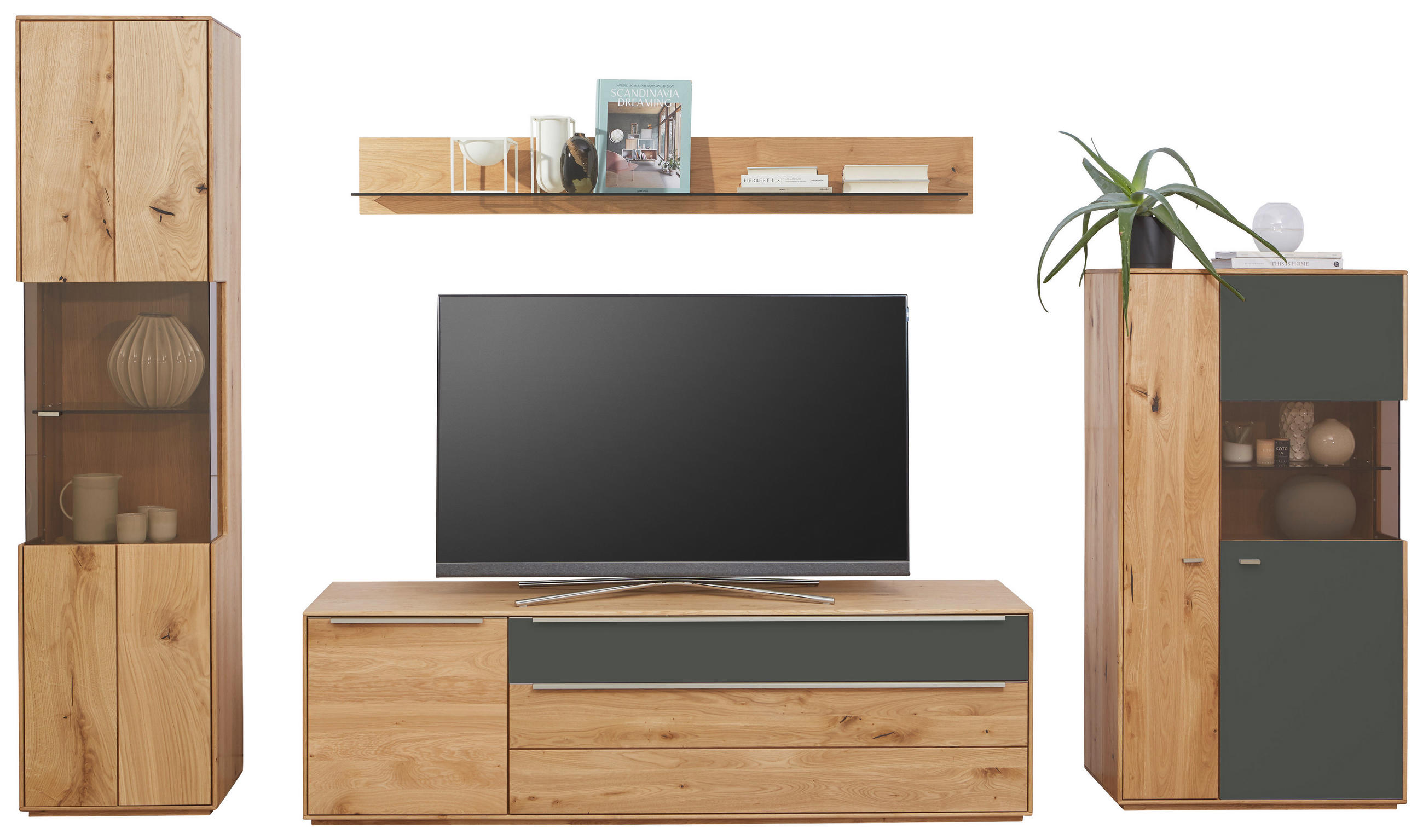 WOHNWAND  in Grau, Eichefarben  330/204/50 cm  - Eichefarben/Silberfarben, Design, Glas/Holz (330/204/50cm) - Waldwelt