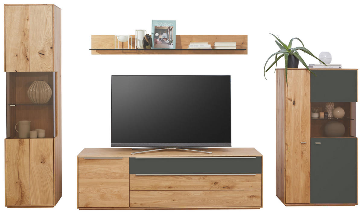 WOHNWAND  in Grau, Eichefarben  330/204/50 cm  - Eichefarben/Silberfarben, Design, Glas/Holz (330/204/50cm) - Waldwelt