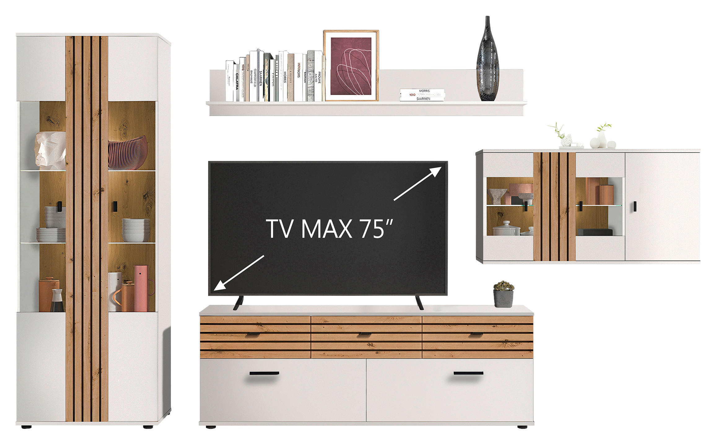 WOHNWAND 4-teilig  in Weiß, Eiche Artisan  340/202,5/38 cm  - Schwarz/Weiß, Design, Glas/Holzwerkstoff (340/202,5/38cm) - Livetastic