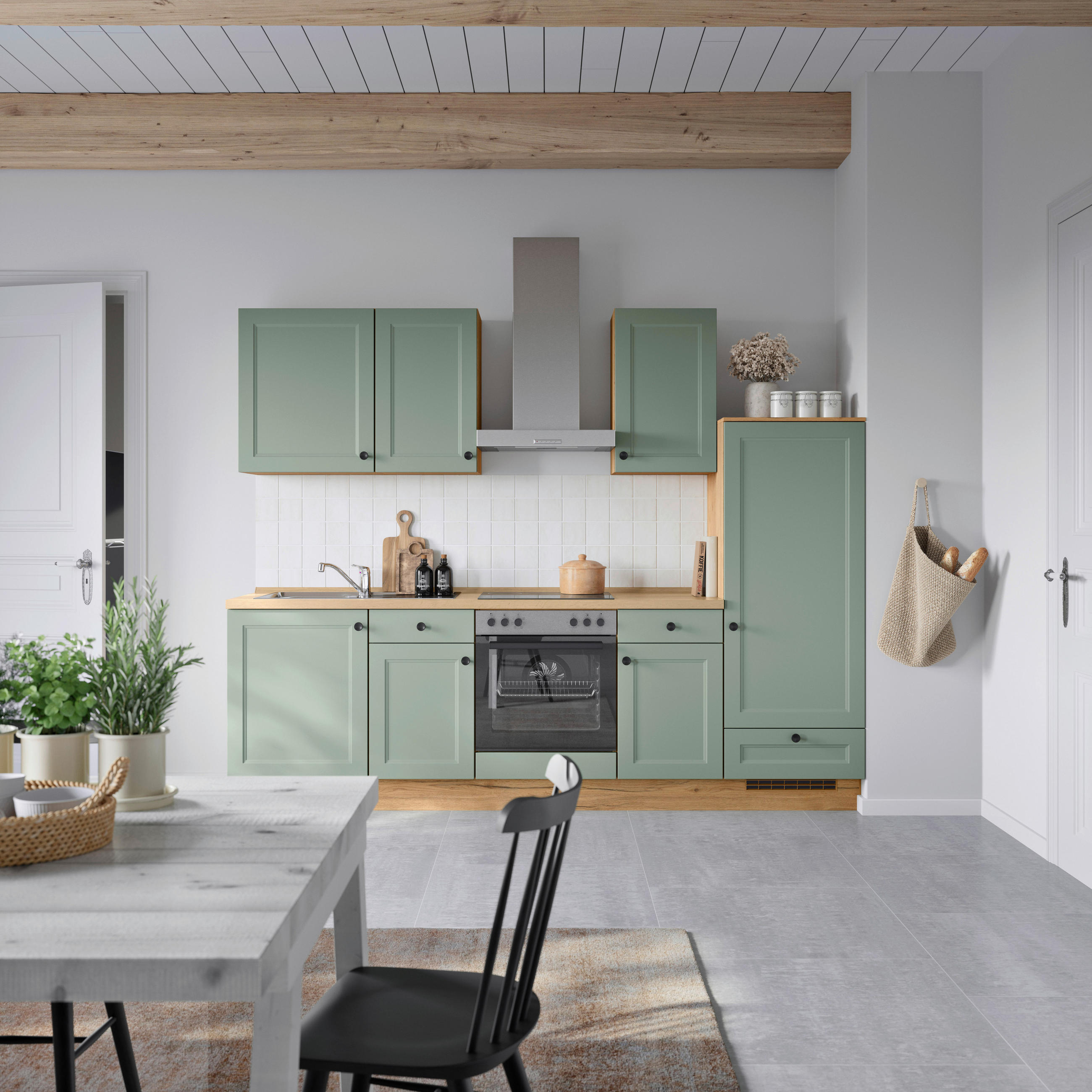 BUCĂTĂRIE FĂRĂ ELECTROCASNICE  - verde/culoare lemn stejar, Modern, metal/material pe bază de lemn (270cm) - Nobilia