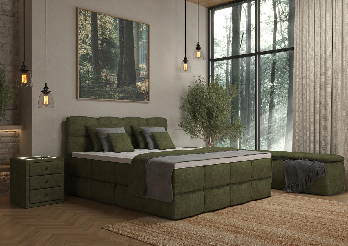BOXSPRINGBETT 180/200 cm,  in Grün, gepolstertes Kopfteil, Bettkasten, Topper, Matratzen, H3 + H3 = fest  - Schwarz/Grün, Design, Kunststoff/Textil (180/200cm) - Chameo