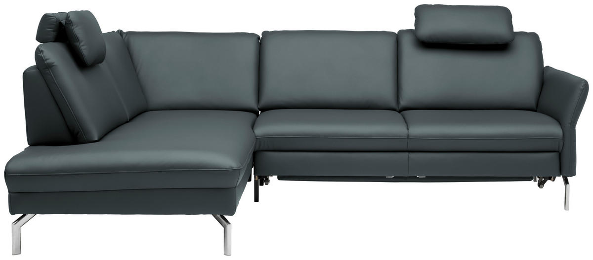 ECKSOFA in Echtleder Blaugrau  220/284 cm  - Blaugrau/Alufarben, KONVENTIONELL, Leder/Metall (220/284cm) - Beldomo Premium