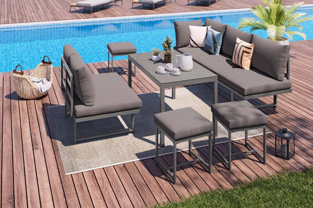 GARTENMÖBEL-SET  6-teilig  - Dunkelgrau/Anthrazit, Design, Glas/Textil (212.5/74/176cm) - Ambia Garden