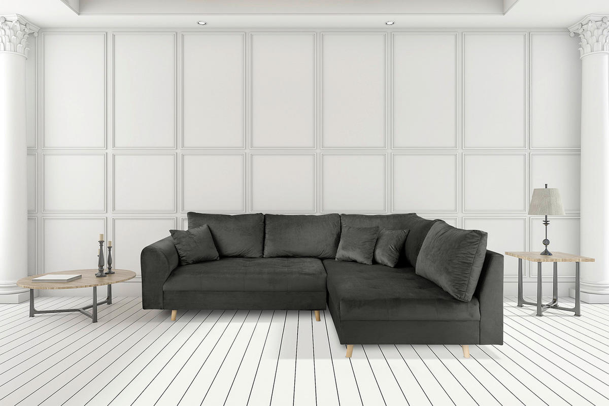 ECKSOFA inkl. Hocker Ariella Anthrazit Samt Rückenkissen, Hocker  - Anthrazit/Naturfarben, Design, Holz/Textil (231/161cm) - Livetastic