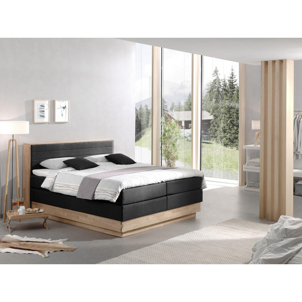 Thumbnail - Mid.you Boxspringbett, Schwarz, Eiche, Textil, Eiche, massiv, H2, 7-Zonen, Höhe ca. 64 cm, 180x200 cm, Fsc, Topper durch...