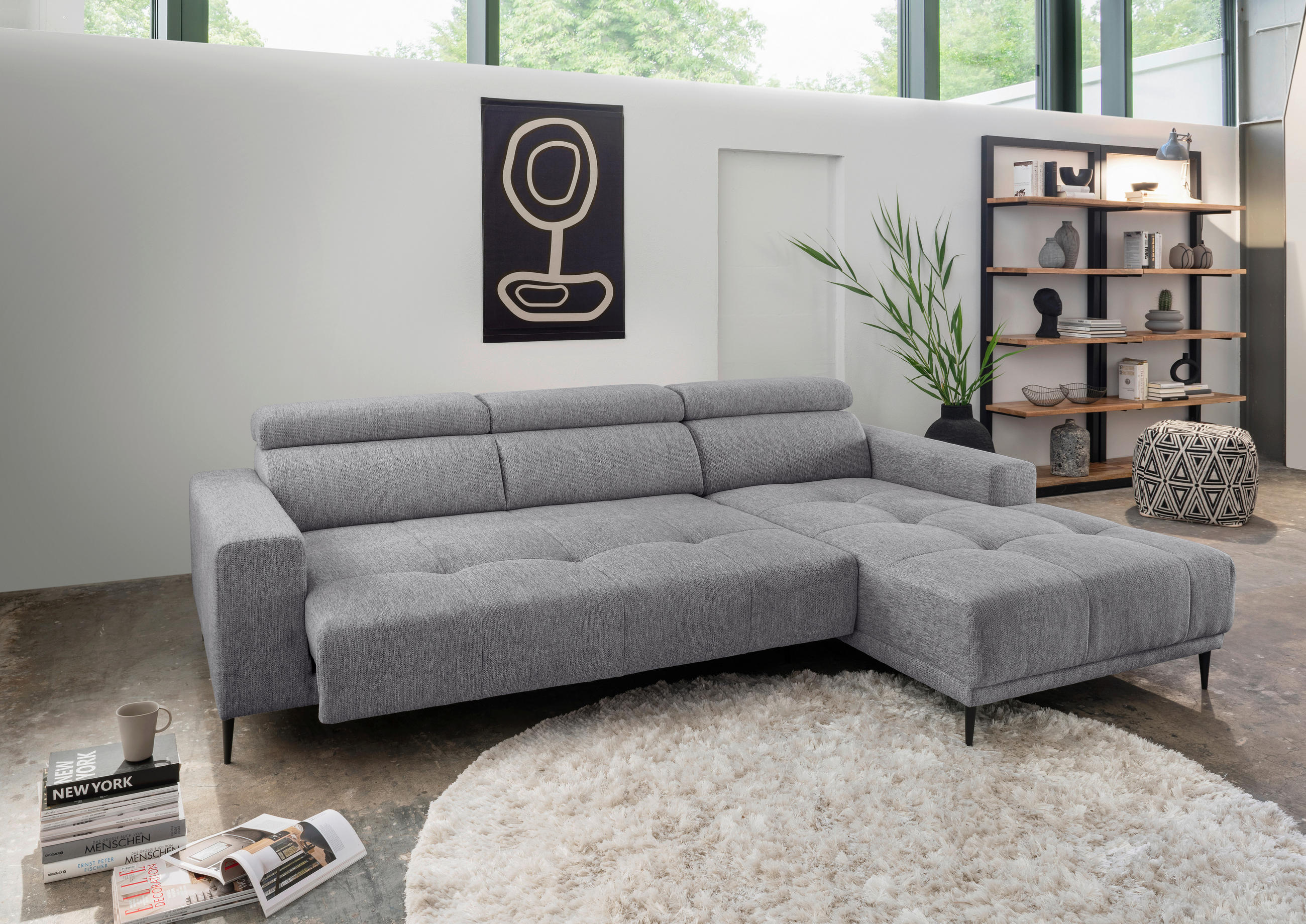 ECKSOFA Dunkelgrau Chenille  - Dunkelgrau/Schwarz, KONVENTIONELL, Textil/Metall (276/188cm) - Livetastic