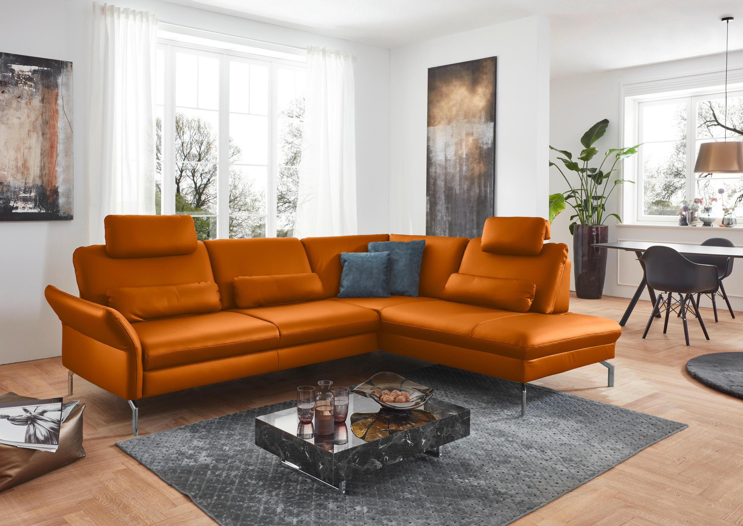 ECKSOFA in Echtleder Orange  284/220 cm  - Alufarben/Orange, KONVENTIONELL, Leder/Metall (284/220cm) - Beldomo Premium