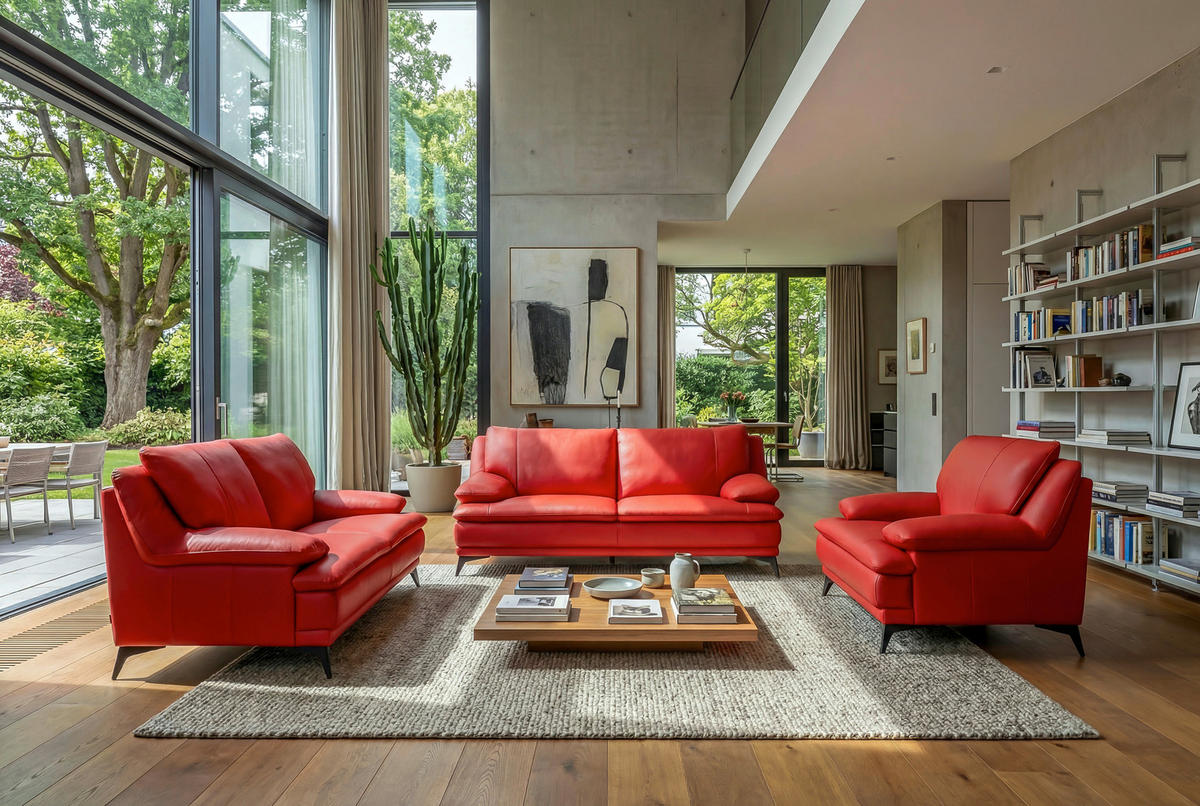 2,5-SITZER Rot Echtleder  - Rot/Schwarz, Design, Leder/Metall (212/92/98cm) - Novel