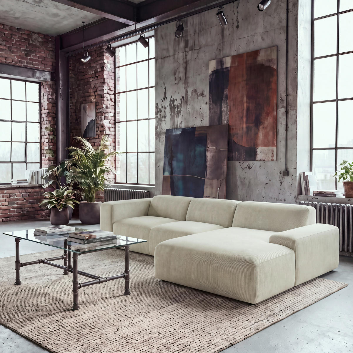 ECKSOFA HANNAH Beige Cord  - Beige/Schwarz, Design, Kunststoff/Textil (304/200cm) - MID.YOU