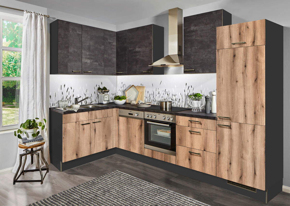 ECKKÜCHE 164/300 cm  in Graphitfarben, Eichefarben  - Edelstahlfarben/Eichefarben, KONVENTIONELL, Holzwerkstoff/Metall (164/300cm) - Xora