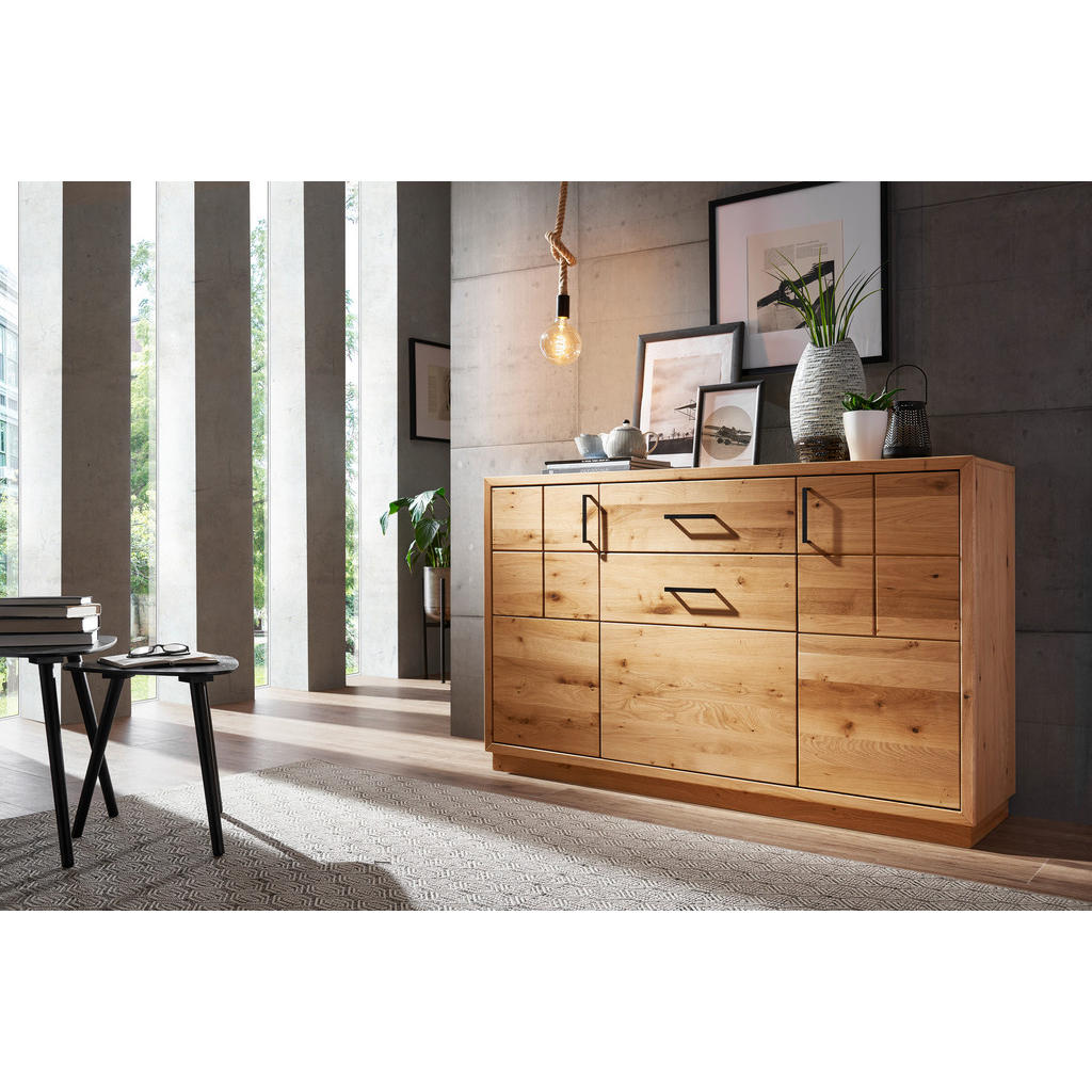 Thumbnail - Linea Natura Sideboard, Eiche, Wildeiche, Metall, Wildeiche, furniert, massiv, 3 Fächer, 1 Schubladen, 140x88x40 cm, Bei...