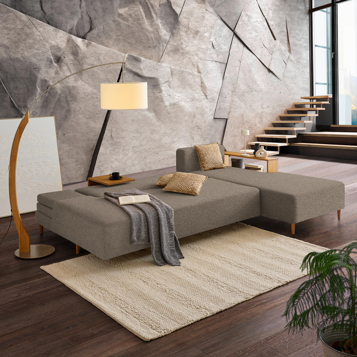 ECKSOFA in Flachgewebe Greige  - Greige/Eichefarben, Design, Holz/Textil (307/190cm) - Joka
