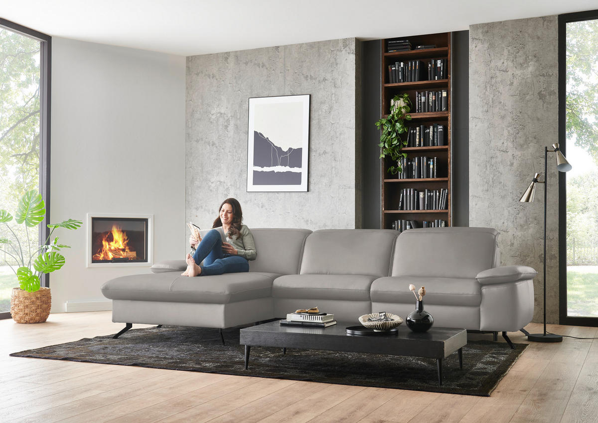 ECKSOFA  Echtleder Hellgrau  - Hellgrau/Schwarz, Design, Leder/Metall (169/307cm) - Beldomo Premium
