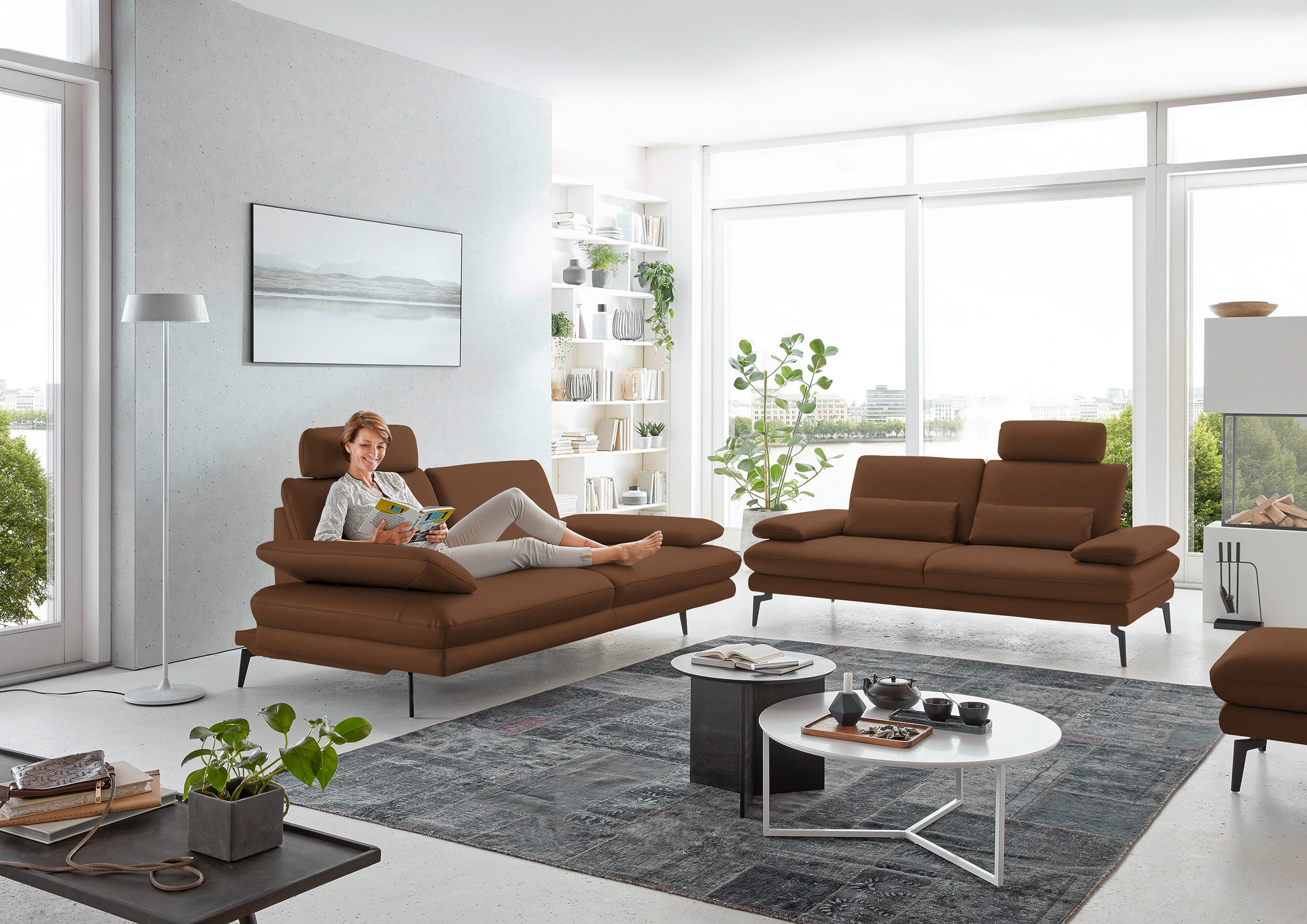 2,5-SITZER in Echtleder Hellbraun  - Hellbraun/Schwarz, Design, Leder/Metall (196/86/104cm) - Dieter Knoll