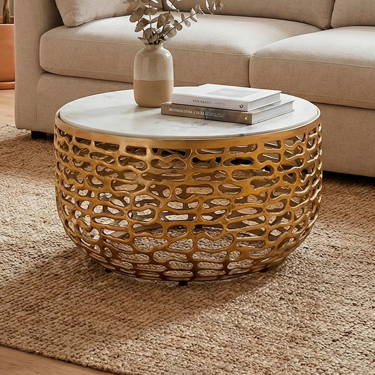 COUCHTISCH 60/60/35 cm rund Goldfarben  - Goldfarben, Design, Stein/Metall (60/60/35cm) - Livetastic