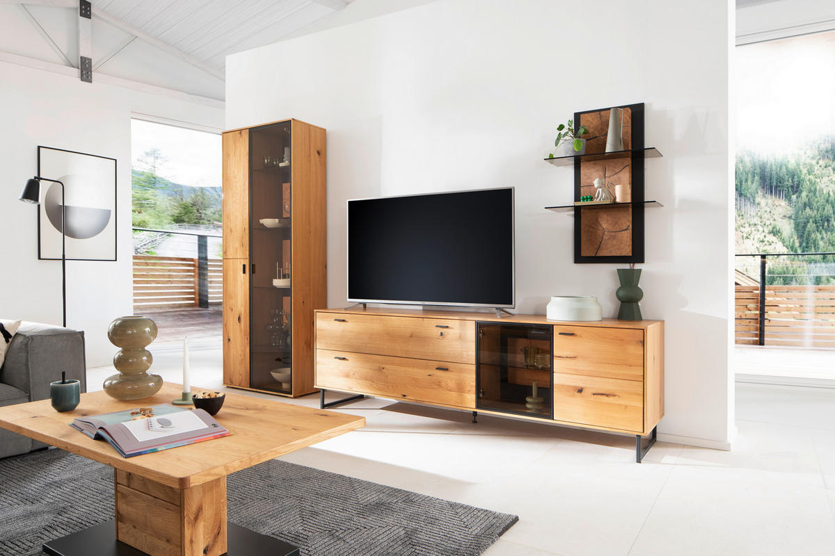 WOHNWAND  in Wildeiche 306/206/50 cm  - Wildeiche/Schwarz, Design, Glas/Holz (306/206/50cm) - MID.YOU