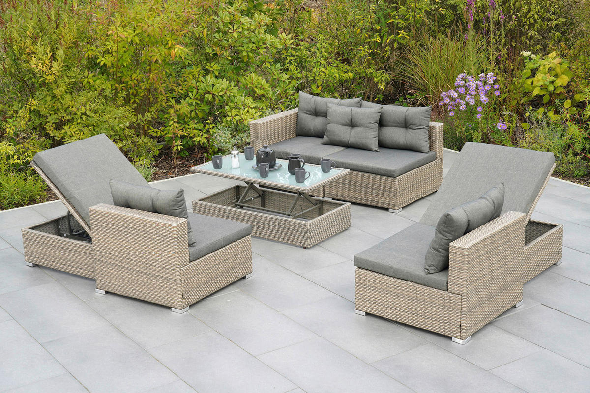 LOUNGEGARNITUR 7-teilig   Stahl  - Naturfarben/Grau, MODERN, Glas/Kunststoff - Gardenson