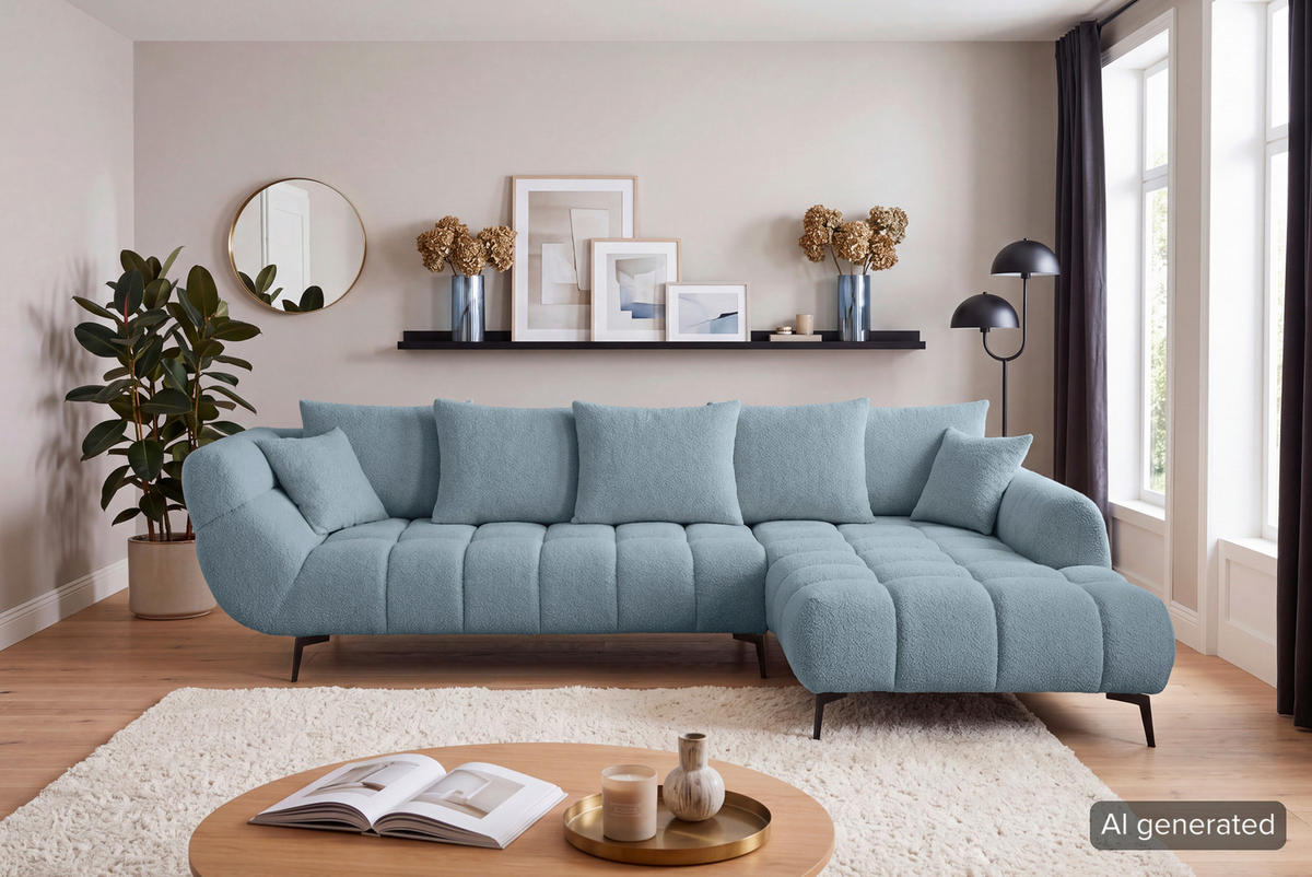 ECKSOFA 318/217 cm  in Bouclé Blaugrau Zierkissen, Rückenkissen, Rücken echt  318/217 cm  - Blaugrau/Schwarz, MODERN, Textil/Metall (318/217cm) - Carryhome
