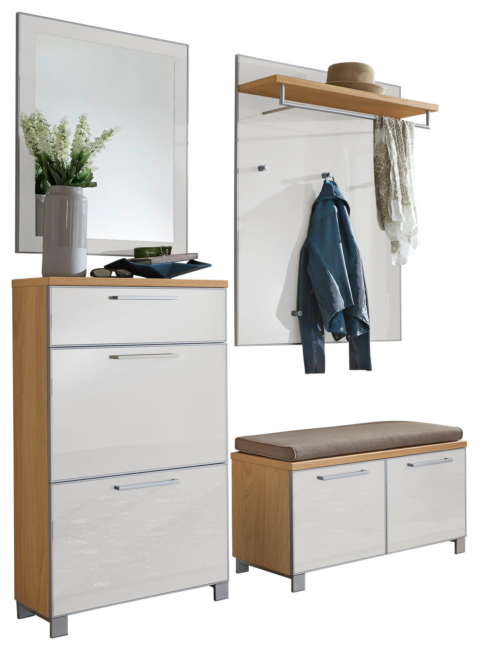 GARDEROBE Weiß, Eichefarben - Eichefarben/Weiß, Design, Glas/Holz (155/195/40cm)