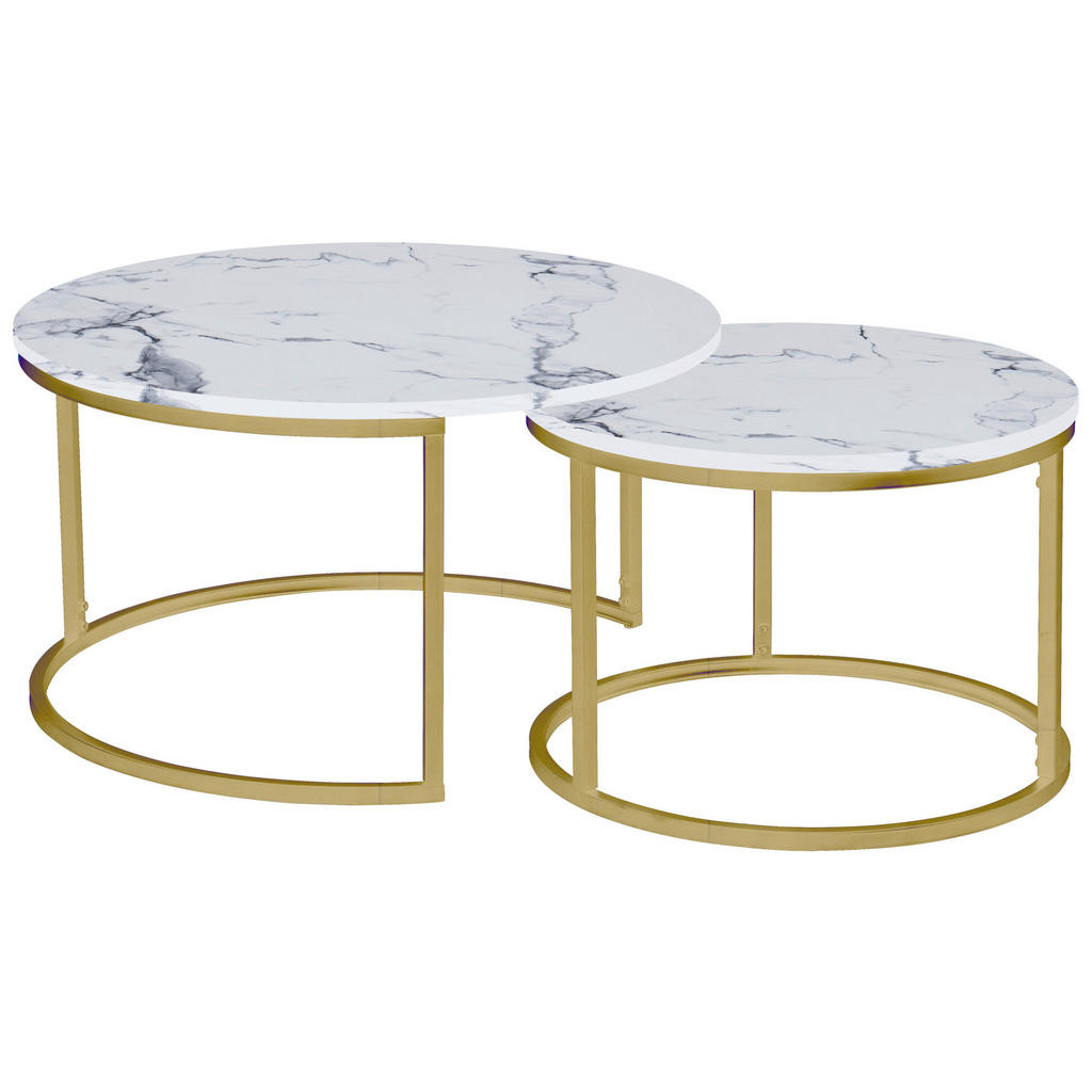 Thumbnail - home24 Couchtischset, Weiß, Gold, Metall, Holzwerkstoff, 2-teilig, Marmoroptik, rund, C-Form, rund, 60-80x42-45x60-80 cm...