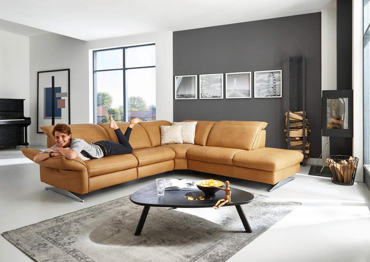 ECKSOFA in Echtleder Orange  - Edelstahlfarben/Orange, Design, Leder/Metall (292/258cm) - Hukla